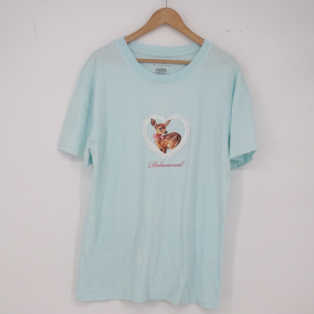IML Isaac Morris T-Shirt Mens L Delusional Fawn Heart Light Blue Graphic EXCL